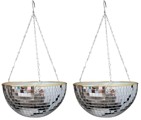 TsoLay 2X Disco Ball Planter Shape Hanging Vase Flower Planter Pots with Drainage Mirror Hanging Basket Garden Decoration-XL