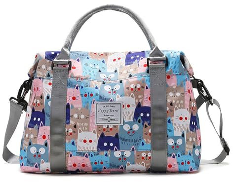 Travel Duffle Bag Weekender Overnight Bag Gym Tote with Dry and Wet Separated Pocket for Women Girls Shoulder Workout Duffel Bag Water Resistant, Cute Cats, Carry-On 28-inch, Trolley Sleeve Bag