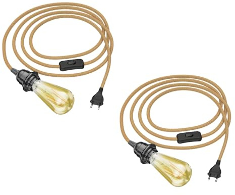 ledscom.de 2x Hanfkabel LEKA mit Stecker, Schalter und E27 Fassung, inkl. LED Vintage gold max. 814lm extra-warmweiß 3-Stufen