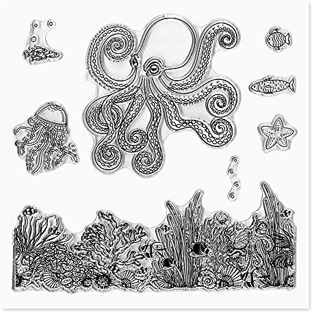 Hying Oktopus Quallen Seestern Seetang Klar Stempel für Kartenherstellung, Sommer Meer Welt Gummistempel Ozean Seestern Transparent Stempel zum Basteln Prägung Scrapbooking DIY Dekoration