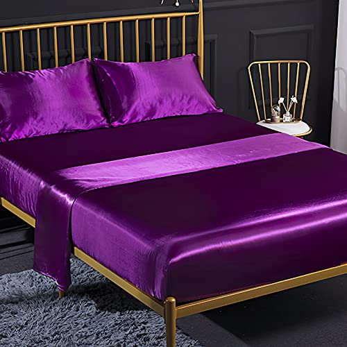 Jemiipee Spannbettuch Einfarbig Satin Glänzend Betttuch Leintuch 135x190 cm für Matratzen bis 35cm Spannbettlaken Set 4teilig mit Bettlaken, Spannbettuch, 2 Kissenbezüge - Dunkelmagenta