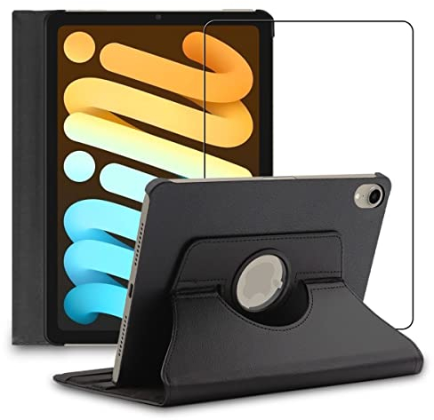 ebestStar - Funda para iPad Mini 2021 8.3'' (6 Gen) Apple, Carcasa Capa Giratoria, 360 Protectora, Cuero PU Soporte, Negro + Cristal Templado