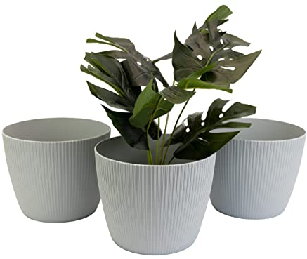 Home Garden Ornaments Small Plant Pots Indoor – Indoor Plant Pot for Home and Garden, Decorative Striped Set of 3 Flower Pots (Diameter 15.5cm, Light Grey)