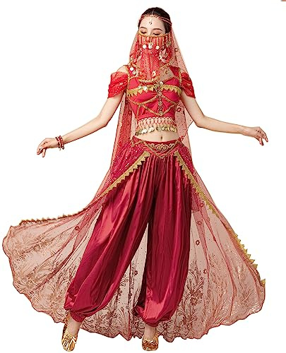 ORIDOOR Damen New Aladdin Jasmin Prinzessin Bauchtanz Halloween Kostüm Set Bauchtanz für Dress Up Party 5-teiliges Outfit