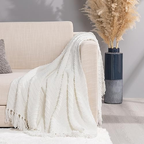 RECYCO Chenille Knit Throw Blanket for Couch(152x127cm), Soft Warm Cozy Decorative Cream White Knitted Blanket Throw with Tassels for Bed Sofa Chair, Woven Chenille Blanket with Bonus Laundry Bag
