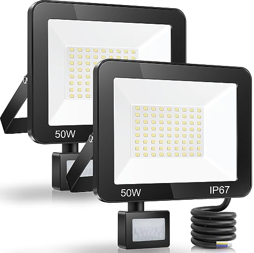 YIQIBRO 50W LED Strahler mit Bewegungsmelder Außen 2 Stück, IP67 Wasserdichte PIR Fluter Flutlicht, 5000LM 7000K Kaltweiß Superhell LED Scheinwerfer Aussenstrahler für Eingang Garten Garage Hof