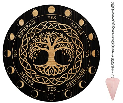 AHANDMAKER Tree of Life Pendulum Board, Dowsing Divination Metaphysical Message Board Wooden Carven Board with Crystal Pendulum Necklace Divination for Witchcraft Wiccan Altar Supplies Kit, 7.8inch