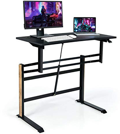TAISK Gaming Computer Table,Pneumatic Height Adjustable Gaming Desk T Shaped Game Station Power Strip Tray Ultra Wide Carbon Fiber Tabletop Computer Desk