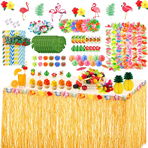 Wothfav 126pcs Hawaii Party Dekoration Set, 4 Kränze, luau Tischrock gold 276*75cm, Kucheneinschub mit Schirm, Papiertrinkhalm mit 3D Obste Faschingsdeko für BBQ Cocktail an Gartenparty Sommerstrand