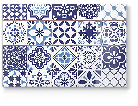 DEQORI Schneidebrett aus Glas | groß 30x20 cm | Motiv Azulejo Wandkacheln | Design Schneideplatte für Küche | Frühstücksbrett antibakteriell & rutschfest | Glasplatte & Servierplatte