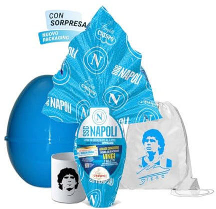 Set Uovo di Pasqua Napoli con guscio apribile e gadget uovo di cioccolato 220 g con tazza in ceramica e sacca porta oggetti a tema squadra di calcio DIEGO ARMANDO El Pibe de Oro