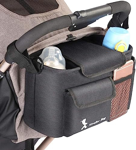 Eidyer Buggy Stroller Organiser, Large Capacity Pram Pushchair Mummy Storage Bag with 2 Deep Cup Holders & Shoulder Strap for Baby Buggy Accessories Supplies, Universal Fit