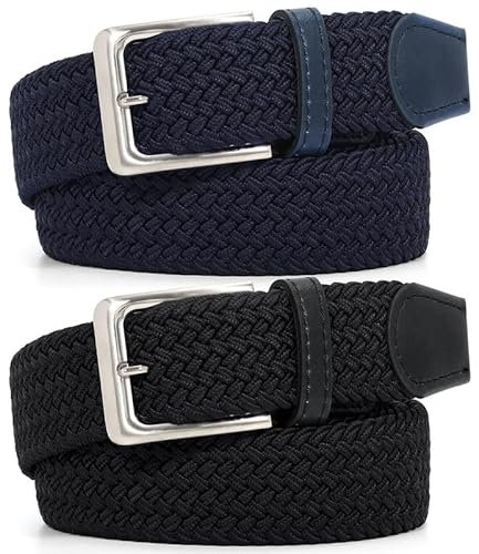 JasGood 2 Stück Geflochtener Elastischer Gürtel für Damen Herren, Unisex Stoffgürtel Stretchgürtel Dehnbarer Gürtel für Jeans Hosen,Schwarz+Blau,130cm