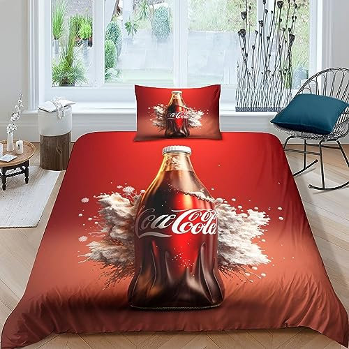 GIOSBR Coca - Cola Bettwäschegarnitur 3D Gedruckter Bettbezug Set Mädchen Junge Kinder Reissverschluss Weich Microfaser Und Kissenbezüge Bettwäsche 2 Teilig Single(135x200cm)