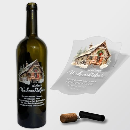 Weihnachten Flaschenetiketten personalisiert mit Wunschtext - 4 Stück 85x130mm- transparente Aufkleber für Geschenk - weihnachtliche Flaschen Aufkleber (Motiv Weihnachtsfest)