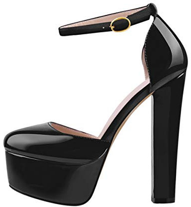 MissHeel Plateau Mary Janes Blockabsatz Schnallen High Heels Schwarz Lack EU 37