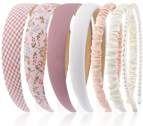 AHONEY 7 Pack Pink Headbands for Girls Women Headbands Trendy Non Slip Hairbands Cute Croquett Hair Accessories Kawaii Multi-style Headband Pack (Pink)