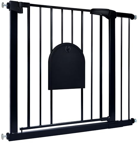 Aufun Treppenschutzgitter Türschutzgitter Kinder ohne Bohren, für 85-95 cm breit, Türgitter mit Druckbefestigung, selbstschließend, Metall Gitter, Hundesicherheitsgitter mit Katzenklappe (Schwarz)