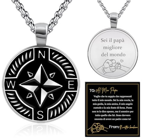 FANCIBAND Regalo Festa del Papà, Argento Collana per Papà Collana Uomo Acciaio con Ancora Bussola, Regalo per Papà di Festa del Papà Compleanno Natale-Bussola