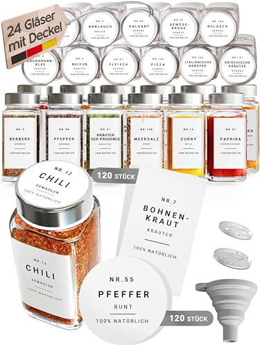 Homety Gewürzgläser Eckig - Set Edelstahl Deckel (24 Stück) - Gewürzbehälter 240 Etiketten - Gewürzdosen zur Gewürze aufbewahrung [120 ml] - Weiß