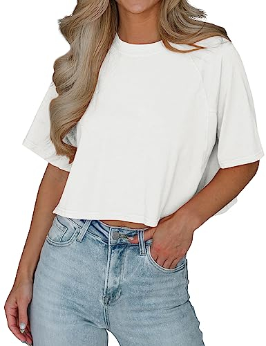 Imily Bela T-Shirt Damen Sommer Kurzarm Basic Crop Tops Casual Oversize Sport Oberteile(Weiß,S)