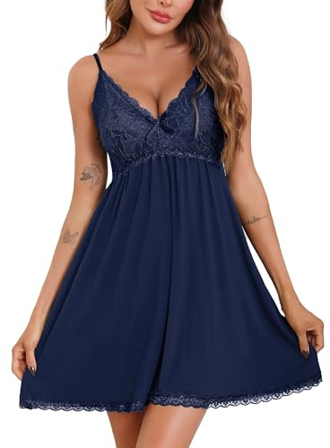 Sopesil Nighties for Women Sexy Ladies Nightdress Negligees Lace Chemises Nightgown V Neck Spaghetti Straps Sleepwear Nightwear UK with Thong, Navy blue, XL