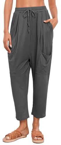 Famulily Womens Flowy Boho Yoga Pants Cotton Elastic Waisted Loose Palazzo Harem Pants with Pockets Dunkelgrau XL