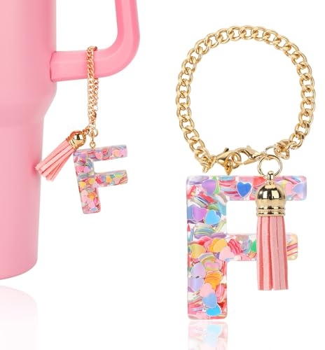 Eoopoon Personalized Initial Charm Accessories for Stanley Cups, Pink Tassel Keychain with Letter for Stanley Tumbler Girls,Cute Decor for Stanley Cup Accessories(Letter E)