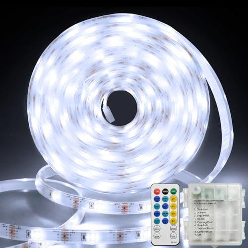 5M 150 LED Battery Operated LED Strip Lights with Remote, Fully Covered, Waterproof, Timer, Self-Adhesive, Cuttable, for TV, Kitchen, Outdoor Decoration(Cool White)