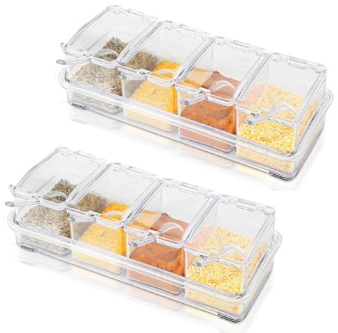 SHAIDOJIO 8 Piece Spice Box, Clear Storage Containers with Lids and Spoon, Plastic Spice Pots Seasoning Box for Sugar, Salt, Pepper, Cruet
