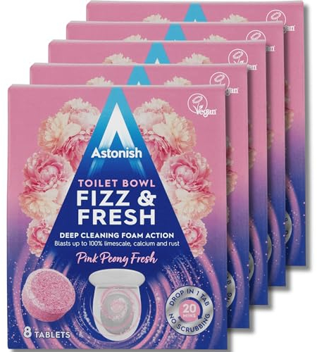 Astonish Toilet Cleaning Foam Action Tabs - Pink Peony Scent, Pack of 5 x 8 Tablets - Powerful and Effortless Toilet Bowl Cleaning with Refreshing Pink Peony Fragrance for Long-Lasting Freshness