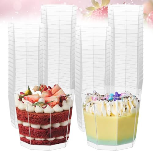 YAYODS Lot de 100 verres à dessert en plastique - 160 ml - Gobelets à dessert avec cuillères - Réutilisables - Gobelets à dessert pour desserts DIY, pudding, mousse, glace