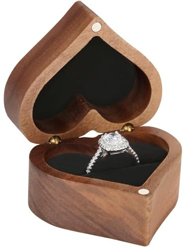 Manqyi Walnuss Holz Ring Box, Walnuss Herz Ringschatulle mit Softem Samt, Herzförmige Ringschatulle, Vintage Holz Ringkästchen für Verlobung Hochzeit