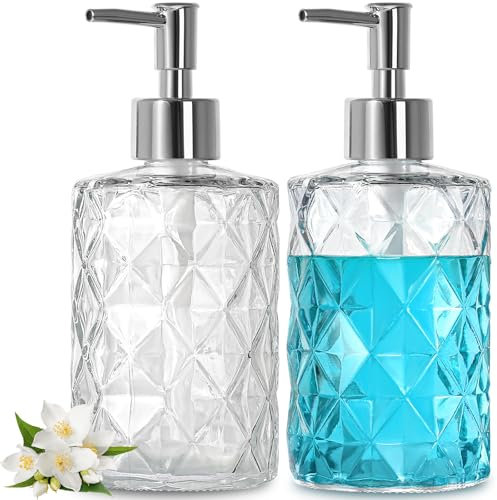Gmisun Hand Soap Dispenser, 12 fl oz Diamond Cut Design Glass Soap Dispenser with Pump for Bathroom, 2 Pcs Refillable Dish Dispenser Bottle Set for Kitchen, Handwash Bottle for Liquid Lotions