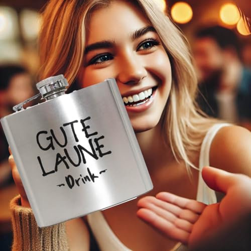 KAMACA Edelstahl Flachmann mit witzigem Spruch 150 ml tolles Geschenk für Freunde & Familie - Praktische Taschengröße Geburtstag Vatertag Weihnachten (Gute Laune Drink)