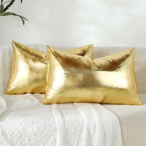 LiiZee 2 Stück Gold Lendenwirbelkissenbezug 30,5 x 50,8 cm, dekorativer moderner metallisch glänzender Kissenbezug, Kunstleder, weich, rechteckig, für Sofa/Bett/Party