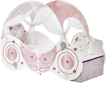 Disney Princess Carriage Toddler Bed with Canopy - Easy to Assemble Kids Bed - Sturdy Engineered Wood Construction, Guarded Sides, Wooden Slats, Fits 140cm x 70cm Mattress (Mattress Not Included)