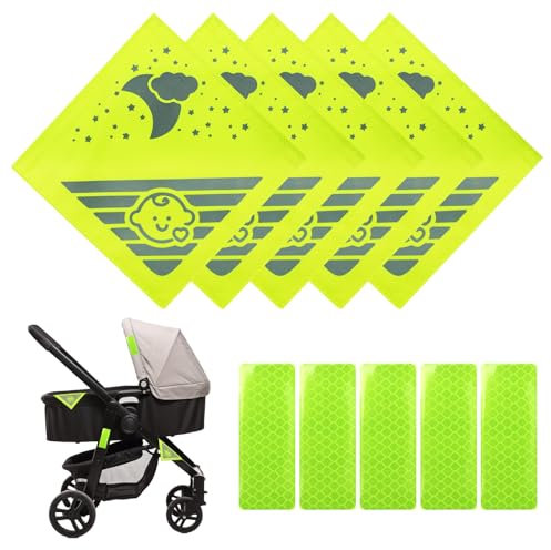 Soleeya 5 Stück Kinderwagen Reflektoren + 5 Stück Reflektoren Aufkleber, Sicherer Klett reflektoren für Kinderwagen Universal 12 * 12cm Auffällig Stabiler Reflektor für Kinderwagen Fahrräder Anhänger