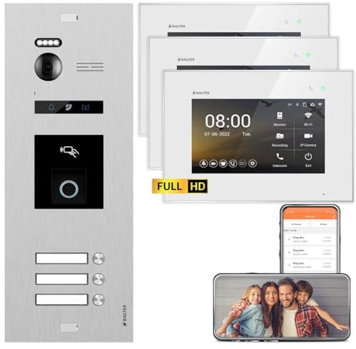 BALTER EVO HD Video Türsprechanlage mit Fingerprint Silber/Weiß 3 Familienhaus Set 3x 7 LCD Monitor WiFi