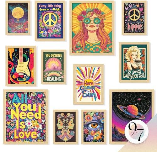97 Decor Hippie-Raumdekoration für Schlafzimmer, ästhetisch – Boho-Hippie-Wanddekoration, 70er-Jahre-Retro-Wandkunstdrucke, groovige Bilder, Hippie-Collage, niedliche Hippie-Poster für Jugendwohnheim