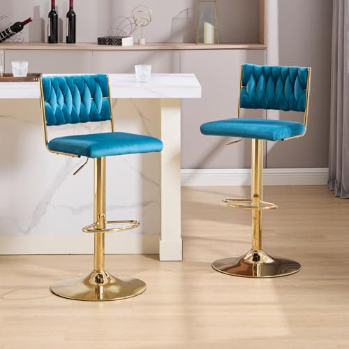 chairus Lot de 2 Tabourets de Bar Rotatif sur 360° Tabourets de Comptoir en Velours Chaise de Bar Réglable en Hauteur avec Dossier et Repose-Pieds, Teal-2