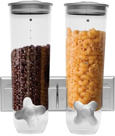DHQCQL Dispensador de cereales, montaje en pared, doble hermético, con tapa y 2 recipientes, dispensador de cereales para alimentos secos, cereales, harina, azúcar (plata)