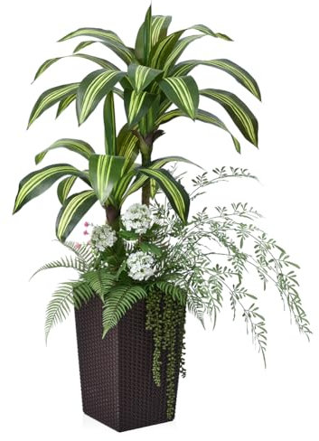 VeriNatural Dracena Artificiale Pianta Finta da Interno Esterno Alta 120 cm in Marrone Vaso - Piante Finte Grandi con Mini Piante, Raggi UV - Piante Artificiali per Casa, Appartamento, Ufficio, VN151