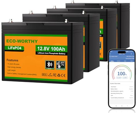 ECO-WORTHY 4PACK 12V 100Ah LiFePO4 Batterie Bluetooth mit BMS Low-Temp Schutz und bis zu 15000 Zyklens,5.12kwh Lithiumbatterie für Solaranlage Komplettset,Solarpanel