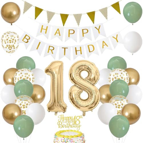 18. Geburtstag Dekoration Salbeigrüne, Grün Gold Luftballon Deko 18. Geburtstag mit Zahl 18 Folienballon, Happy Birthday Banner, Tortendeko für 18. Happy Birthday Deko Junge Mädchen