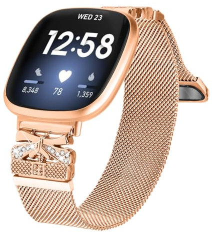 Gimuk Armbänder kompatibel mit Fitbit Versa 4/Sense 2 Armband für Damen und Herren, verstellbares Metall Edelstahl Mesh Loop Bling Armband Ersatzband für Fitbit Versa 4/Versa 3/Sense (rose gold)