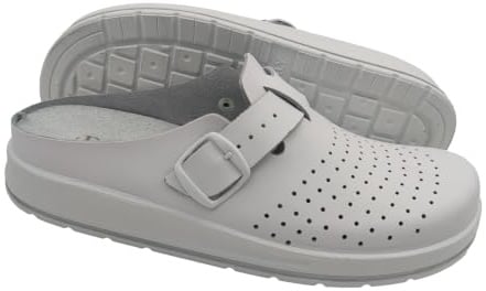 Primo Calzature Sabots Femme Confort Travail et Maison, Chaussures Sanitaires Fermées en Cuir, Semelle Antidérapante, Bride Réglable, Semelle Intérieure Amovible, Effet Reposant (Blanc, 38 EU)