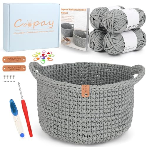 Coopay Häkelset für Anfänger, Rund Körbe Häkel Set mit Häkelanleitung, DIY Häkelset für Körbe Häkeln Lernen mit Häkelnadel 4,5mm, Dicke Häkelgarn, Anfänger Häkelset für Körbe - Grau