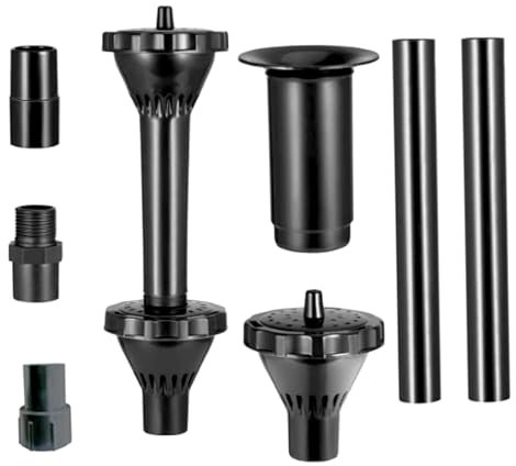Hperu Fountain Pump Nozzle Kit, Pond Pump Nozzles Plastic Fountain Head Set with 3 Different Nozzle, 2 Connection Pipe, 1/2 & 3/4 & Extention Adapter for Garden, Pond, Black