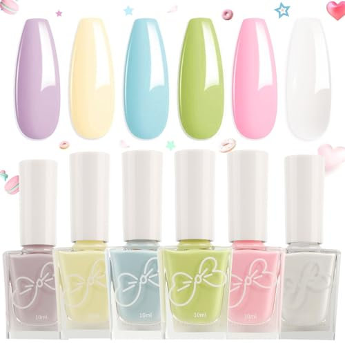 DMQ Pastel Nail Polish Kit, 6Pcs Spring Summer Nail Varnish Set, White Pink Yellow Blue Green Purple Nail Gel - Candy Macaron Quick Dry Nail Paint for Girls DIY Nail Art at Home - No Need Cure